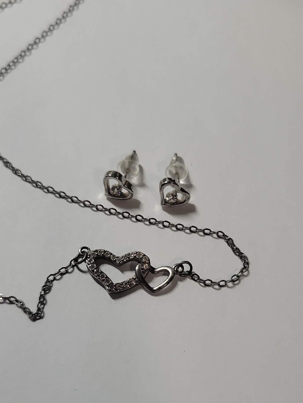Silver Heart Pendant Necklace and Earrings Set - Sparkling Double Heart